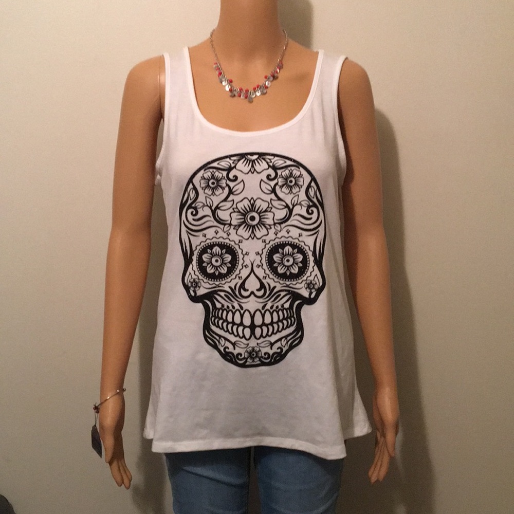 Midnight Hour Glitter Sugar Skull White Tanktop